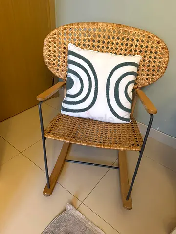 Woven Rattan Rocking Chair with Wood Frame — Good Condition