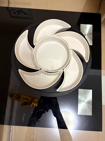White Ceramic Serving Set, 6 Dishes on Black Round Tray, for Snacks, Dips and Appetizers