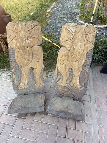 Pair of Hand-Carved Wooden Elephant Statues — Outdoor/Indoor Décor