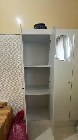 White Tall Wardrobe / Storage Cabinet with Shelves and Mirror