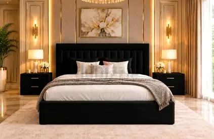 King-size upholstered platform bed with padded headboard - black