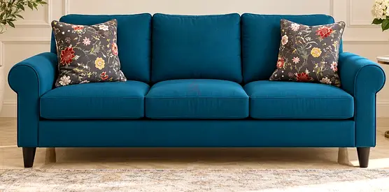 Blue 3-Seater Sofa with Floral Cushions - Good Condition