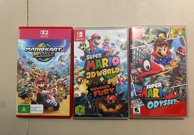 3 Nintendo Switch Games – Mario Kart World, Super Mario Odyssey & Super Mario 3D World