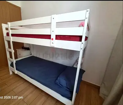 White wooden bunk bed, sturdy double-decker with ladder (good condition) with lighting under the bed