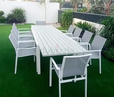 Outdoor aluminum extendable dining table 8-12 seaters with 12 matching chairs - modern set