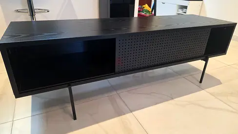 Black low-profile TV unit / media console with open shelves