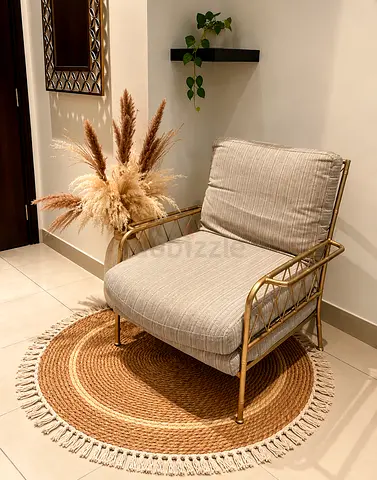 Single Gold Frame Accent Armchair and Boho Carpet set
