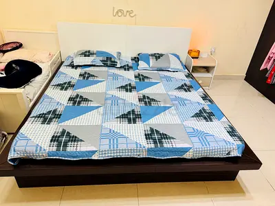 Queen size platform bed with headboard and nightstand (good condition)