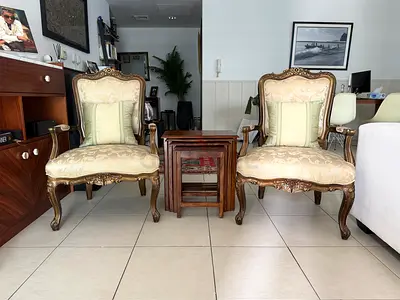 Vintage French Silk Armchairs with Jim Thompson Cushions & Brass Inlay Tables