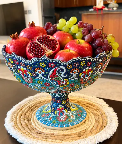 Hand-painted Decorative Fruit Bowl on Pedestal — Persian Style Ceramic Centerpiece
