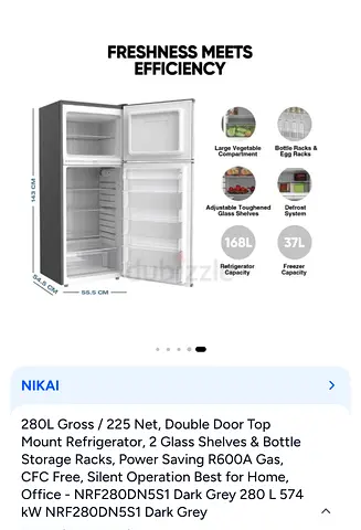Nikai 280L Double Door Top-Mount Refrigerator — Dark Grey, Good Condition