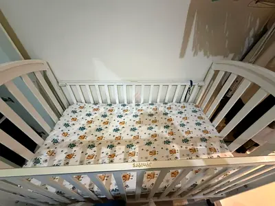 Junior White Wooden Baby Crib with Mattress - Good Condition