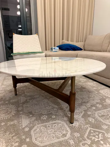 Round Marble-Top Coffee Table with Wooden Base - Good Condition