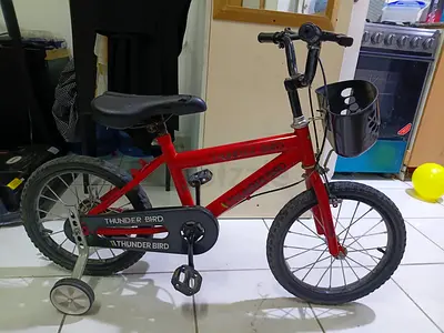 Red children's 16-inch bike with training wheels and front basket