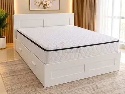 White wooden bed frame with storage drawers