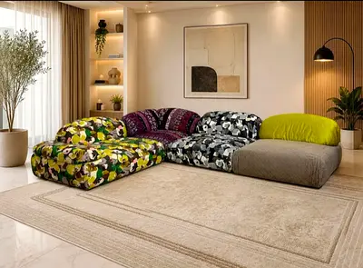 Roche Bobois Modular Patchwork Fabric Sofa Set — Low-Profile Sectional (5 Pieces)