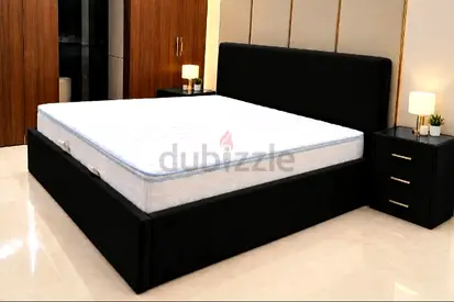 King size black upholstered bed frame with headboard and mattress (ready to use)
