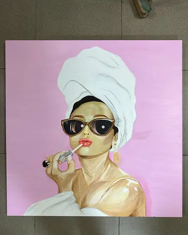 Original Pop Art Painting of Audruey hepburn with Sunglasses and Lipstick (Pink Background)