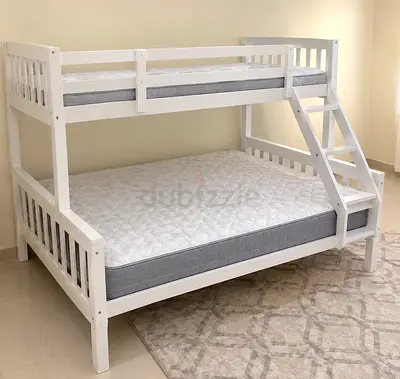 White Wooden Bunk Bed (Double on Bottom, Single on Top) with Ladder