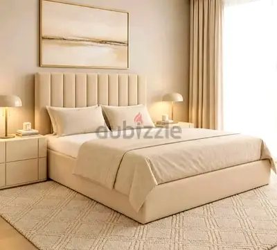 Upholstered Beige King Bed with Headboard - Excellent Condition