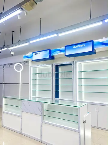 Retail display counters and illuminated shelving set - ready for shop fitout