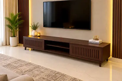 Wooden low TV cabinet / media console in dark brown - good condition