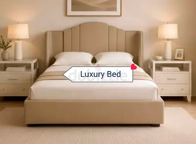 Beige upholstered luxury queen bed with headboard and base