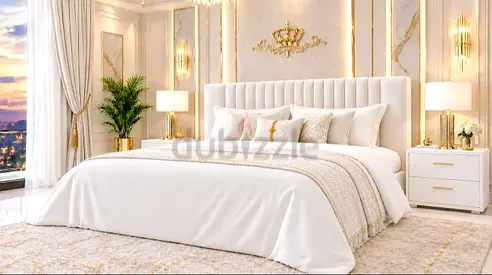 King size upholstered bed with tall padded headboard — like new