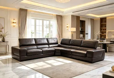 Genuine Leather L-Shaped Corner Sofa - Dark Brown, Excellent Condition