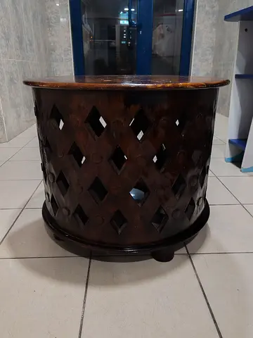 Solid Dark Wood Round Side Table with Cutout Pattern