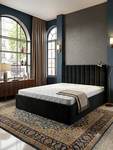 King-size upholstered bed frame with mattress (black) - brand new