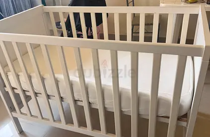 IKEA - White Wooden Baby Crib - Solid, Clean Condition with Mattress
