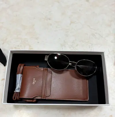 Authentic Celine Brown Phone Flap Pouch With Strap and Celine sunglasses for women