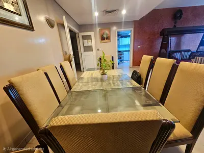 Solid wood 8-seater dining table with glass top and chairs