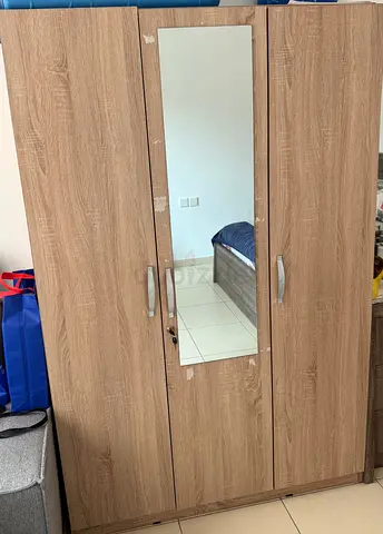 3-door wood wardrobe with mirror - good condition