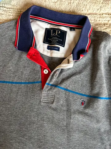 Grey men's polo shirt with blue stripe - size L to XL