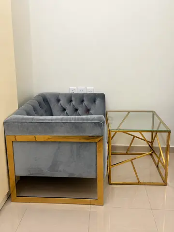 Grey Tufted Velvet Armchair with Gold Frame - Modern Living Room