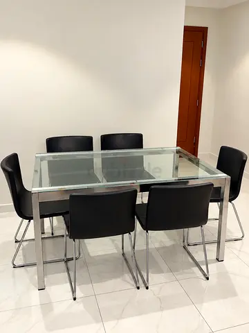 Glass Top Dining Table with 6 Black Chairs - Modern Stainless Steel Frame