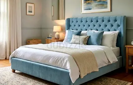 Tufted Upholstered King size 180/200 cm Double Bed with Headboard - Light Blue