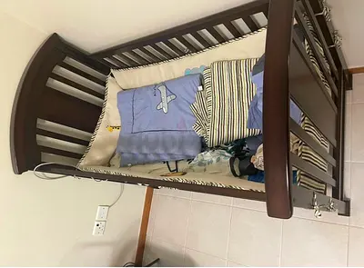 Wooden Baby Crib with Mattress and Bedding - Dark Brown, Good Condition