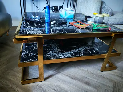 Black Marble Effect Coffee Table with Gold Metal Frame - 2-Tier