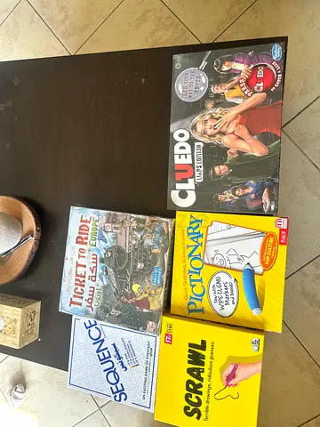 Collection of 5 Board Games: Cluedo, Pictionary, Ticket to Ride, Sequence, Scrawl