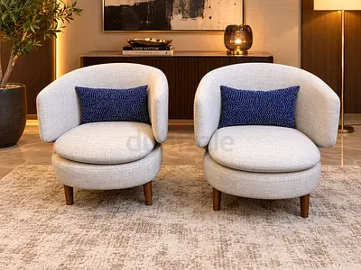 West Elm Pair of Modern Accent Chairs with Blue Cushions