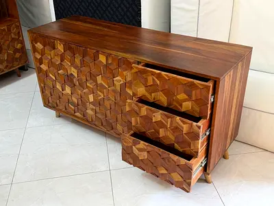 Solid Wood Sideboard with 3 Drawers – Geometric Carved Front