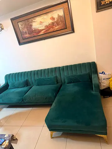 Green Velvet L-shaped Sofa with Gold Legs - Good Condition