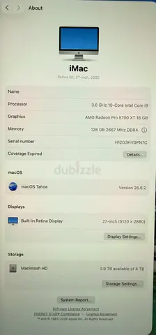 iMac 27-inch Retina (2020) - 10-core i9, Radeon Pro 5700 XT, 128GB RAM, 4TB , without Box ,