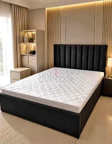 King size upholstered bed frame with mattress — modern black velvet