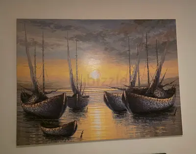 Large Seascape Original Oil Canvas Painting with Boats and Sunset