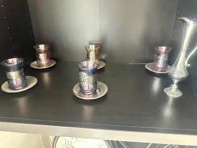 Set of 6 Decorative Turkish Tea Glasses with Saucers and Small Pitcher