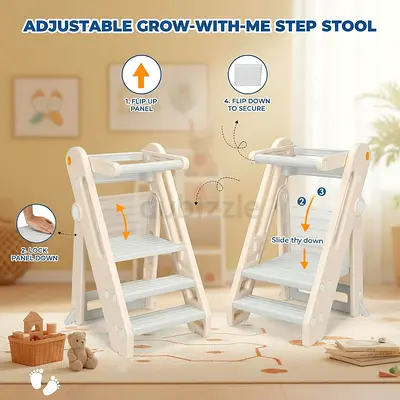 3348-Beauenty Learning Tower, Foldable Children'S Kitchen Step Stool, Adjustable Height Step Ladder